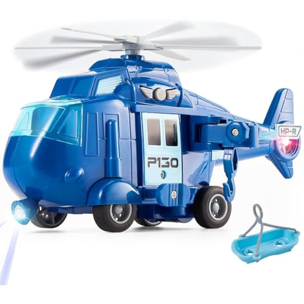 HERSITY Rescue Helicopter Toy Blue Police Plane with Light and Sound Push and Go Airplane Gifts for Kids Toddlers 3 4 5 Years Old