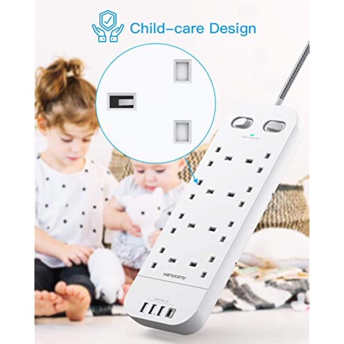 3M Extension Lead with 4 USB Slots, 8 Way Outlets Power Strip with 1800J Surge Protection, Double Switch Plug Extension with 10FT Braided Extension Cable for Home, Dorm Room, Office Accessories