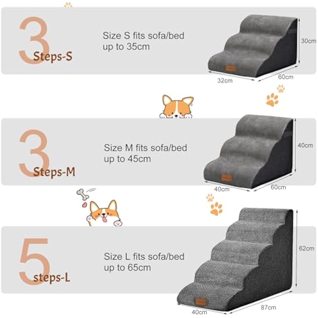 Wide Dog Steps Stairs for Bed 5 Steps 62 cm High for Dogs, Dog Ramp High Density Foam Pet Stairs Washable Cover and Non-Slip Base 40 x 87 x 62 cm
