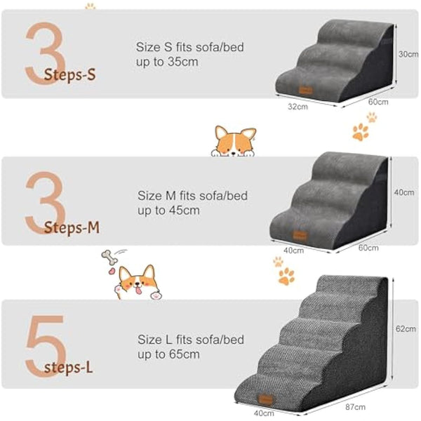 Wide Dog Steps Stairs for Bed 5 Steps 62 cm High for Dogs, Dog Ramp High Density Foam Pet Stairs Washable Cover and Non-Slip Base 40 x 87 x 62 cm