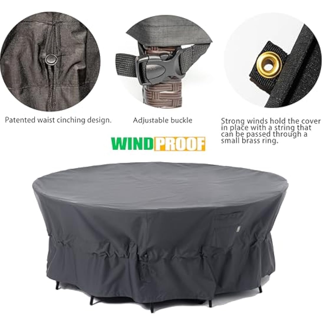 F&J Outdoors Garden Furniture Covers Waterproof Outdoor Table Cover Heavy Duty Tear Resistant Cinched Waist Windproof Extra Large Garden Furniture Cover, Grey, 330x89cm