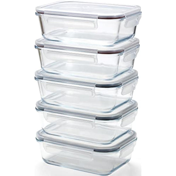 Franklin Lade Glass Food Storage Containers | 5 Piece Set 1040ml | BPA-Free Airtight LeakProof Lids | Food Containers | Glass Containers with Lids | Microwave, Oven, Freezer & Dishwasher Safe