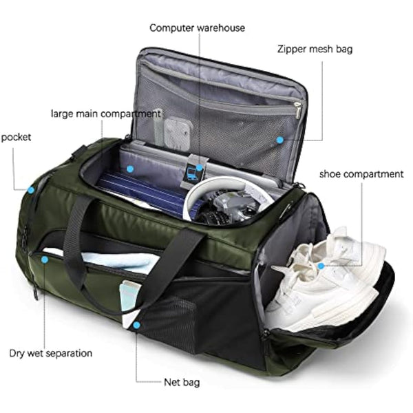 Gym Sports Bag for Men,40L Waterproof Gym Duffle Bag with Shoes Compartment and Wet Pocket,Travel Duffel Bag with Shoulder Strap and Backpack