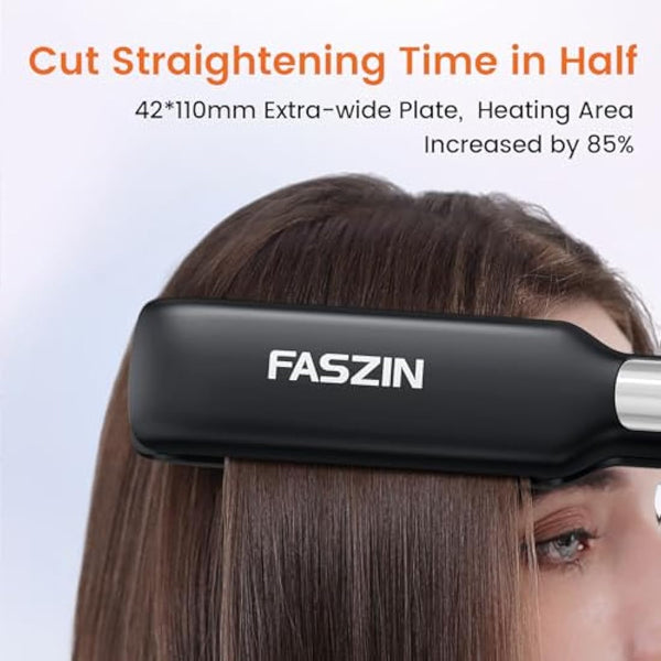Faszin Professional Hair Straighteners, 42mm Wide-Plate Titanium Negative Ion Flat Iron, 30s Rapid Heating, Real-time Temperature Display, 11 Adjustable Temperature Levels (130-230℃)-Black