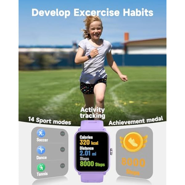 BIGGERFIVE Kids Fitness Tracker Watch, Pedometer, Heart Rate, 5ATM Waterproof, Sleep Monitor, Alarm Clock, Calorie Step Counter, Puzzle Games, 1.5" HD Touch Screen Kids Smart Watch for Girls Ages 3-14