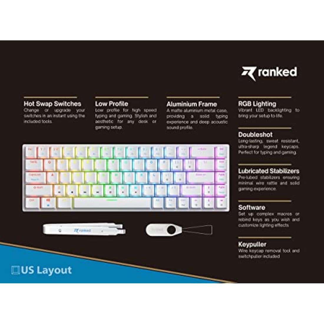 Ranked G65 Guardian 65% | Full Aluminum Frame | Ultra Slim Hot Swappable Mechanical Gaming Keyboard | 68 Keys RGB Backlit for PC/Mac | QWERTY ANSI US Layout (White, Gateron Low Profile Red)