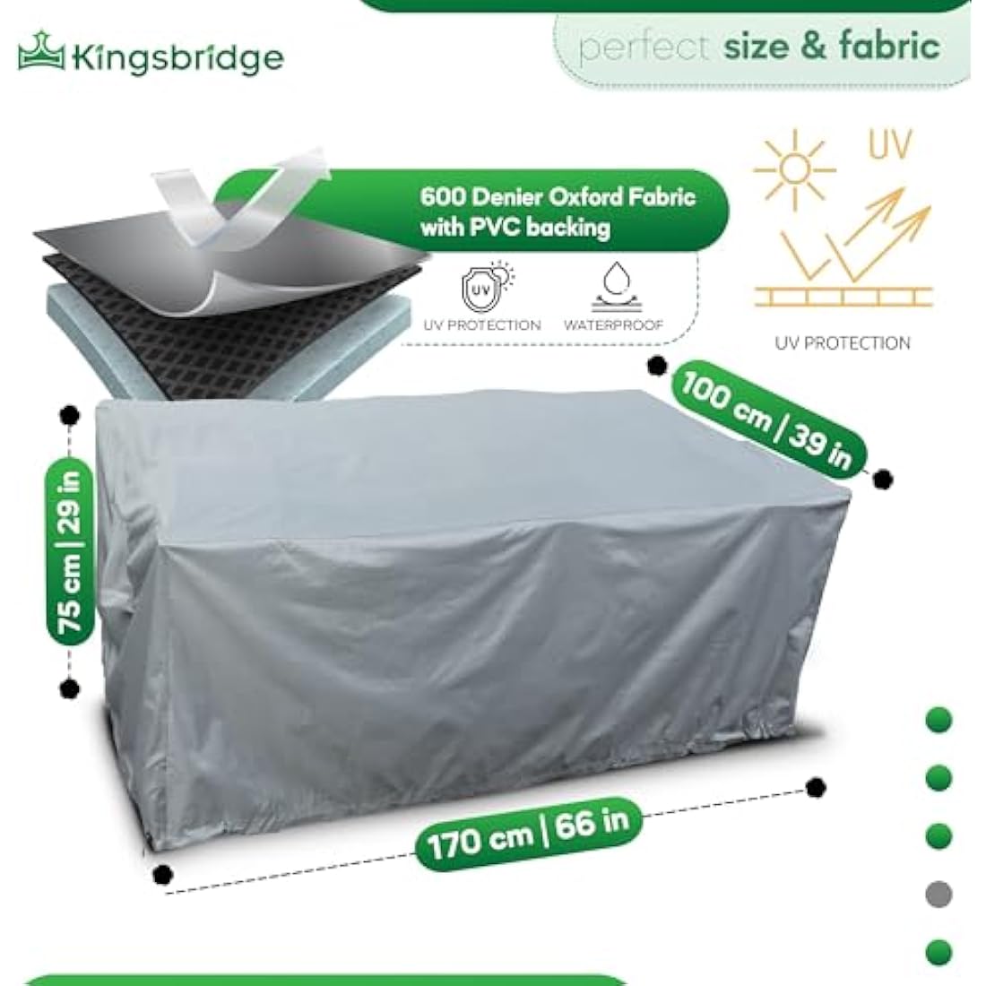 Kingsbridge Rectangular Garden Furniture Table Cover 600D Heavy Duty Fabric, Double Stitching, Waterproof, Anti UV, Breathable, Rip Proof, Grey Outdoor Patio Furniture Protector 170 x 100 x 75cm