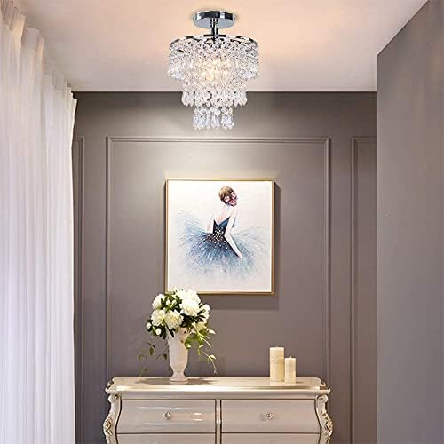 FRIXCHUR Modern Crystal Chandelier Ceiling Light Fitting Hallway Lights Ceiling Light 3 Tiers Crystal Raindrop Chandelier for Bedroom Living Room Dining Room (Chrome)