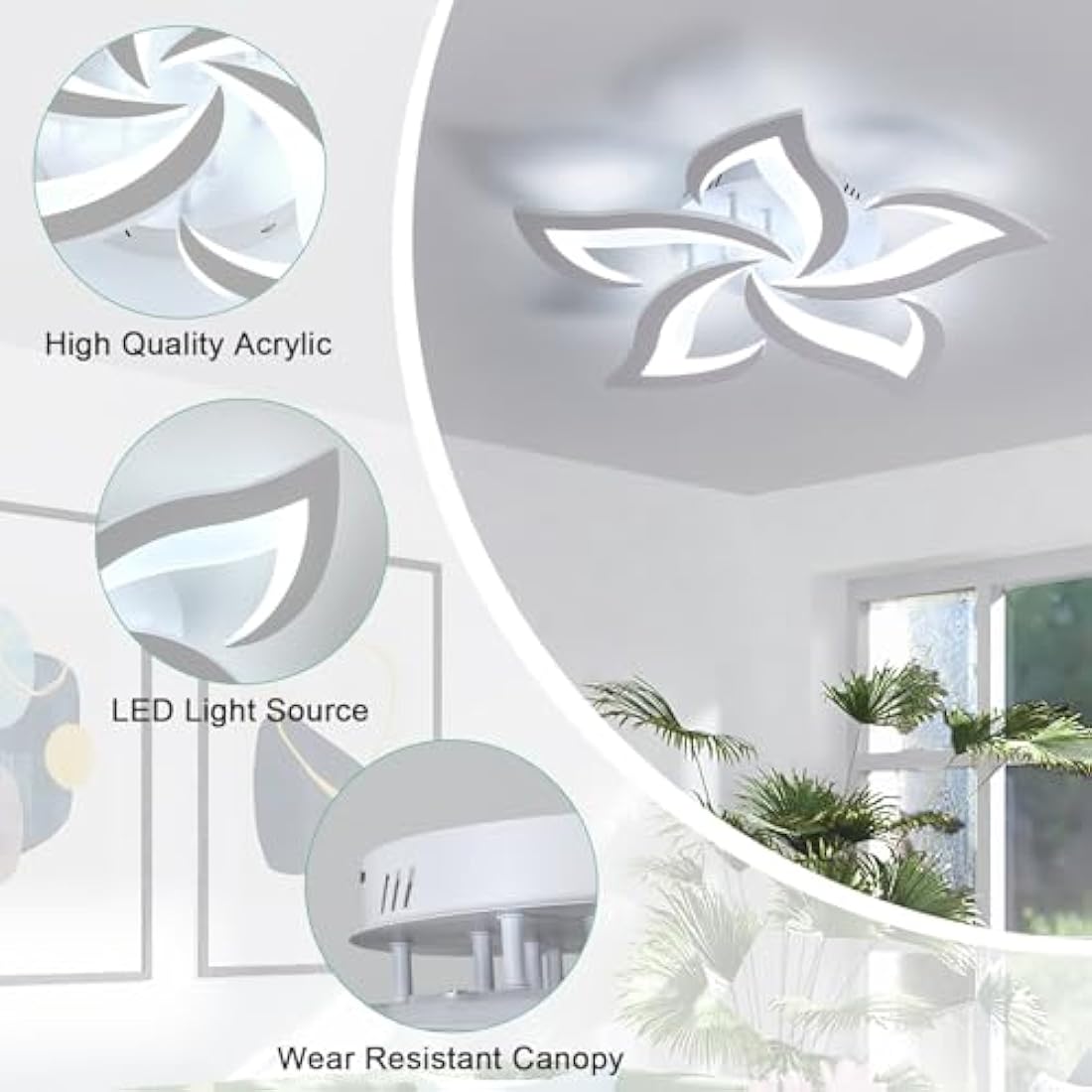 Dorlink LED Ceiling Light, 60W 5400LM Modern Design Ceiling Lighting, 5 Lights Living Room Ceiling Light Acrylic White Flower Fittings Ceilings for Bedroom, Kitchen, Dining Room 6500K Cool White