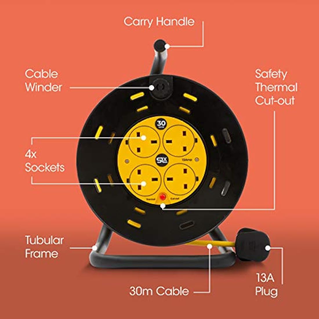 Extension Lead 30m Heavy Duty Cable Reel, 4 Socket Cord Reel UK Plug Socket with Thermal Cut-Out Protection 13A Fused Plug