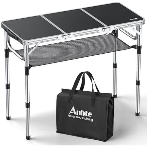Anbte Folding Camping Table, Aluminum 88 cm x 40 cm Portable Table Picnic Table with Storage Net Adjustable Waterproof Lightweight Foldable Stored for Outdoor Indoor Picnic Beach Backyard(3 heights)