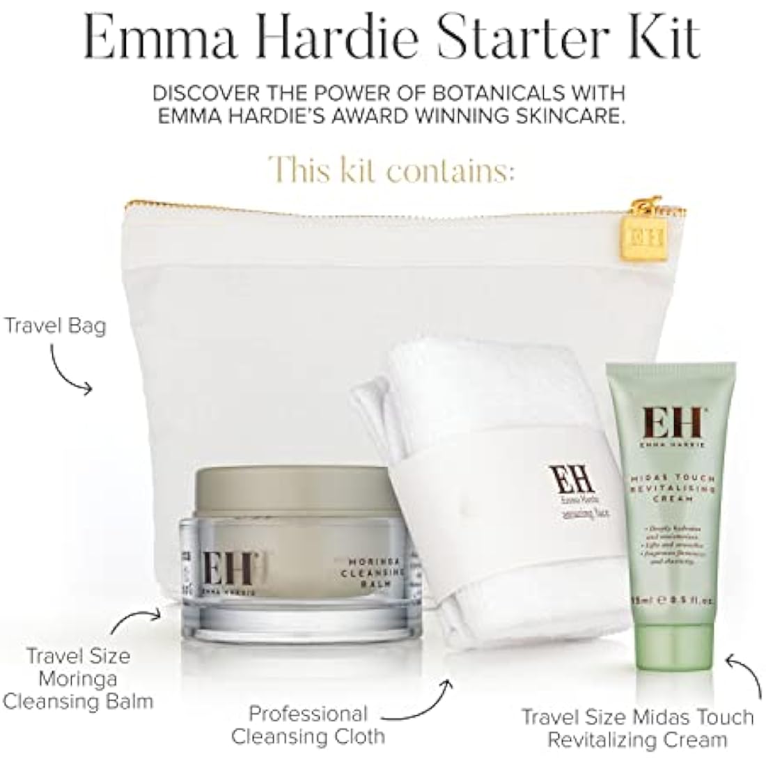Emma Hardie Starter Kit: Travel Size 50ml Moringa Cleansing Balm, Travel Size 15ml Midas Touch Revitalising Cream & Professional Cleansing Cloth, Packed in a Cosmetic Bag, Natural & Cruelty Free