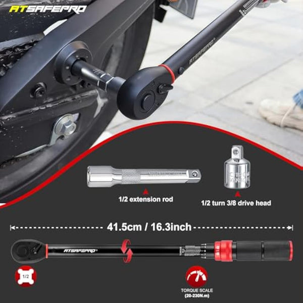 ATsafepro 1/2" Drive Torque Wrench Set,Car Wheel Torque Wrench 20-230 Nm with 3/8'' Adapter, Dual-Direction Adjustable 72 Tooth for Car Motorcycle,Truck,± 3% Accuracy