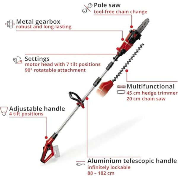Einhell Power X-Change 18V Cordless Multifunctional Garden Tool - 2-in-1 Long Reach Hedge Trimmer And Mini Chainsaw / Pruning Saw - GE-HC 18 Li T Solo Pole Hedge Trimmer (Battery Not Included)