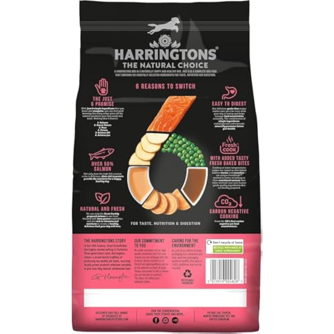Harringtons Just 6 Complete Grain Free Hypoallergenic Salmon & Veg Dry Adult Dog Food 2kg (Pack of 4) - With Added Fresh Baked Bites
