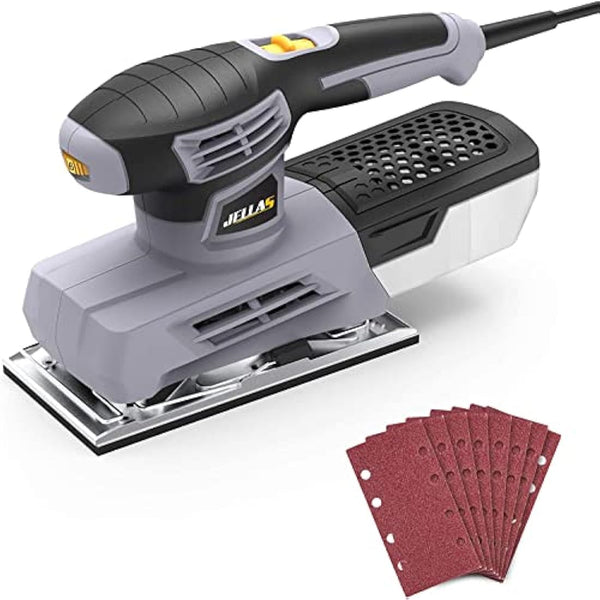 Jellas Sander, 220W 1/3 Sheet Sander, 12000RPM 6 Variable Speeds Electric Sander for Wood with Dust Collection Box, 12Pcs Sanding Sheets, Fast Paper Clamping Mechanism