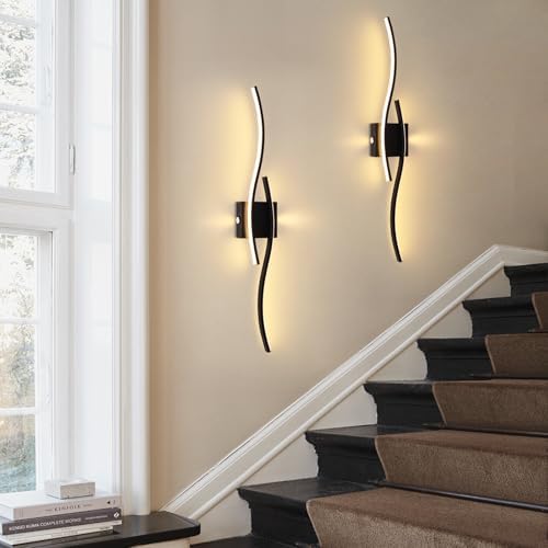 EIDISUNY Led Wall Light, 80cm 28W Black Indoor Modern Wave bar LED Wall Lamp for Living Room Indoor Hallway Bedroom Kitchen Stairs Bedside Vanity Mirror Sconce Light -Black Warm White Light 3000K