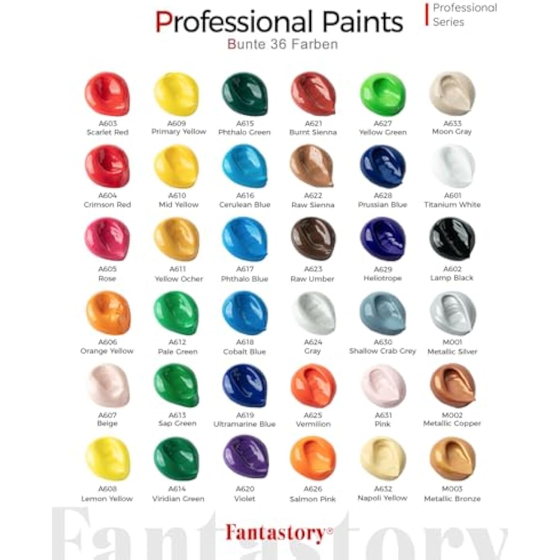Fantastory Acrylic Paint Set 36 Colors(2oz /60ml) with 12 Brushes, Professional Craft Thick Paints Kits for Adults and Kids, Canvas Wood Fabric Ceramic Rock Painting Supplies