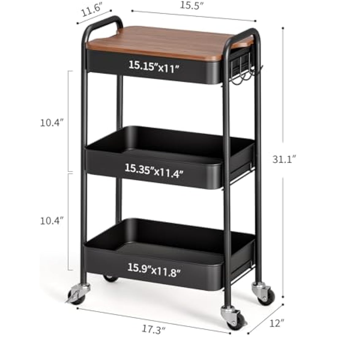 KINGRACK 3 Tier Metal Storage Trolley on Wheels with Removeable Wooden Worktop Trap Table Cover, Beauty Book Craft Tea Art Trolley for Home Bathroom Kitchen Laundry, No screws needed Easy