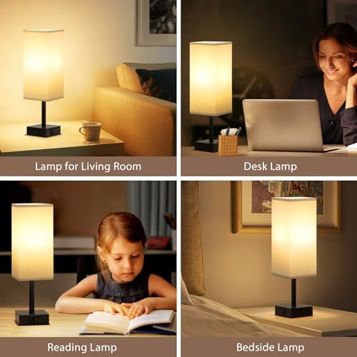 Aooshine Grey Bedside Lamps Set of 2, 3-Way Dimmable Table Lamp with USB-C+A Charging Ports,Lamps for Bedroom with Grey Linen Fabric Shade(Bulbs Included)