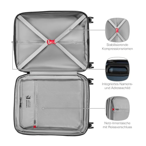 Wenger Prymo Medium hardside case with 4 Wheels, mid-Sized, 59 (67) L, Hardshell, Security Lock, for Men and Women, Travel or Vacation, Black, 612537