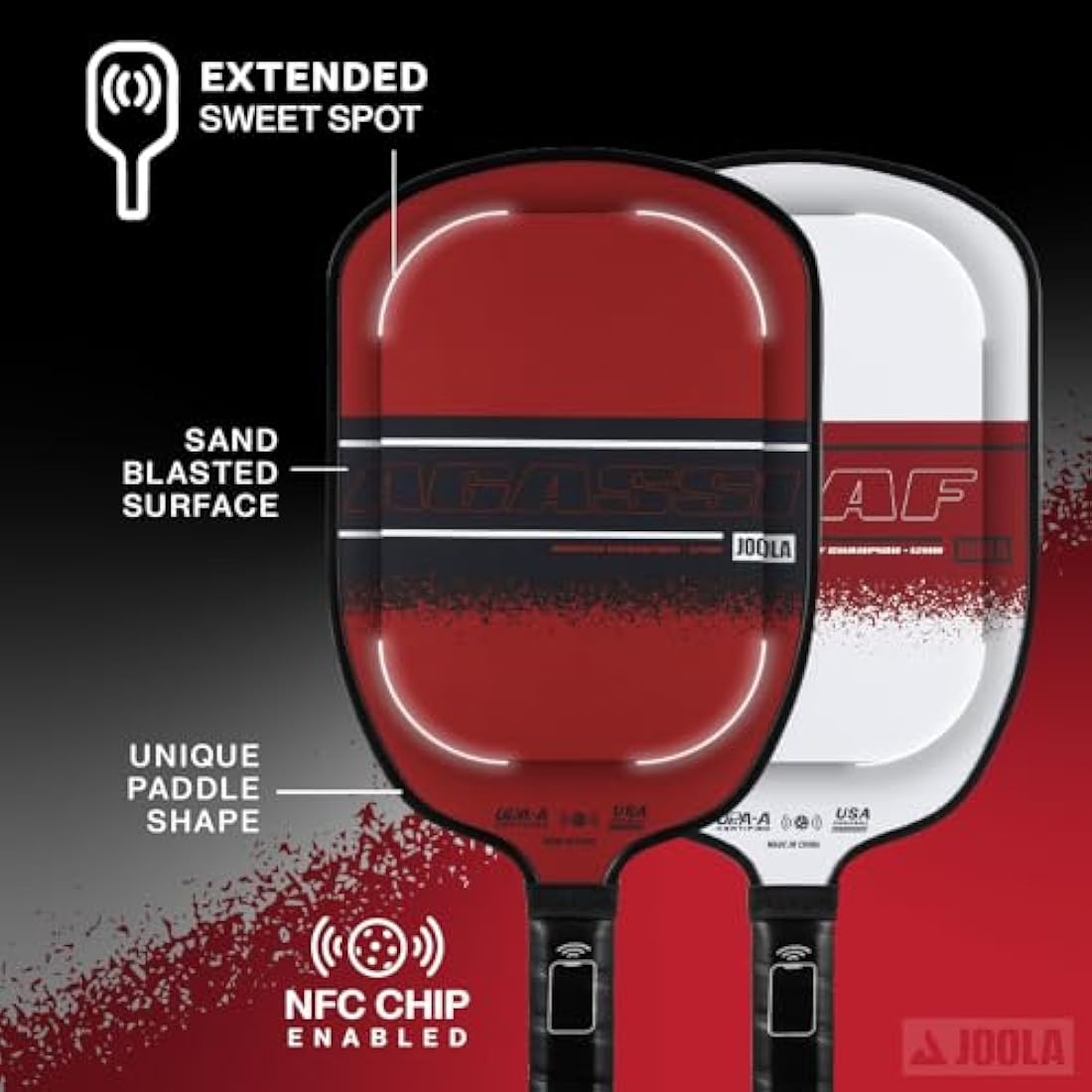 JOOLA Champion 12mm Pickleball Single Paddle or Set - Agassi Shape w/Extended Sweet Spot - Sandblasted Surface Increases Spin & Control - UPA-A Certified - USAP Approved - NFC Chip Enabled