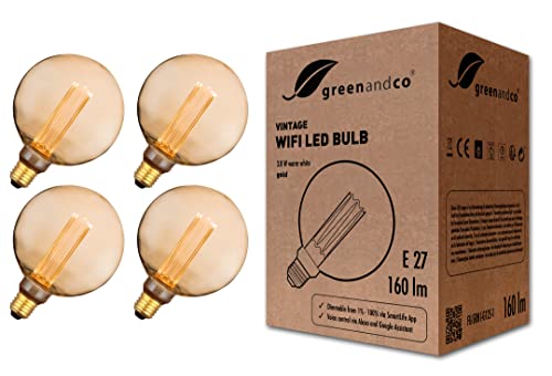 greenandco 4X Smart WiFi Vintage Design LED Bulb | E27 G125 | 3.8W 160lm | 1800K | 320 | 230V | Flicker-Free | dimmable | Compatible with Alexa and