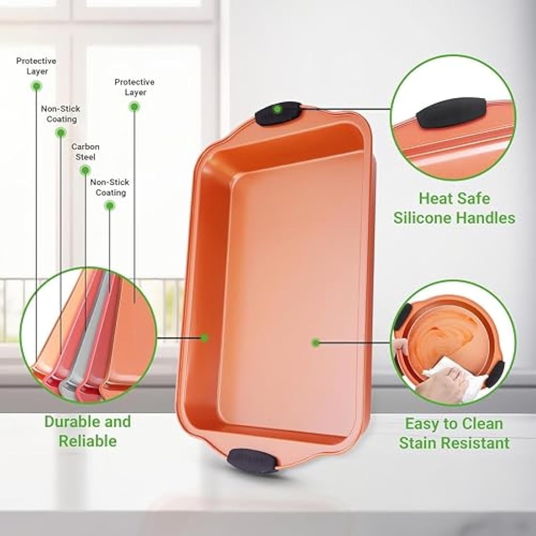 8 Piece Baking Pan Set - PFOA, PFOS, PTFE Free Flexible Nonstick Carbon Steel Bakeware Set - Home Kitchen Bake Pan Cookie Sheet Stackable Baking Tray Set w/Black Silicone Handles