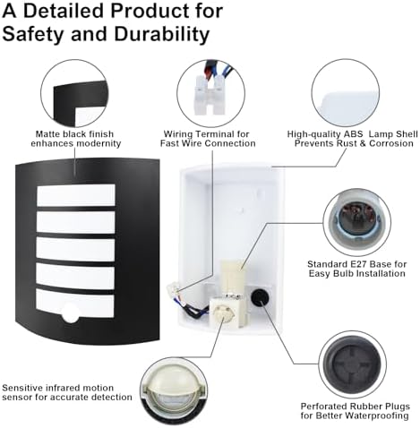 Allesgute Outdoor Wall Lights with PIR Motion Sensor, IP44 Waterproof Curved Outside Lights Mains Powered Black Wall Lamp for Porch, Front Door, Incl.12W E27 Bulbs Cool White 6000K