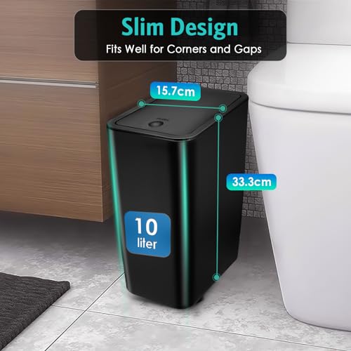 Kssvzz 3 Pack Small Bathroom Bin with Lid, 10L Plastic Touch Top Bedroom Bin, Slim Toilet Bin Anti-Odour, Square Waste Bin for Kitchen/Office, Fits Under Sink/Desk/Cabinet (Black)