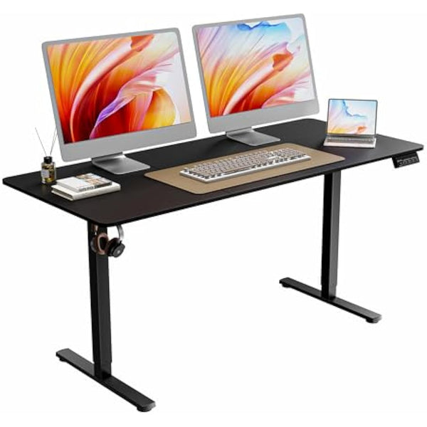 ERGOMAKER Electric Standing Desk 160x70cm, Height Adjustable Stand Up Desk with Hooks and Memory Smart Handset for Home Office, Black