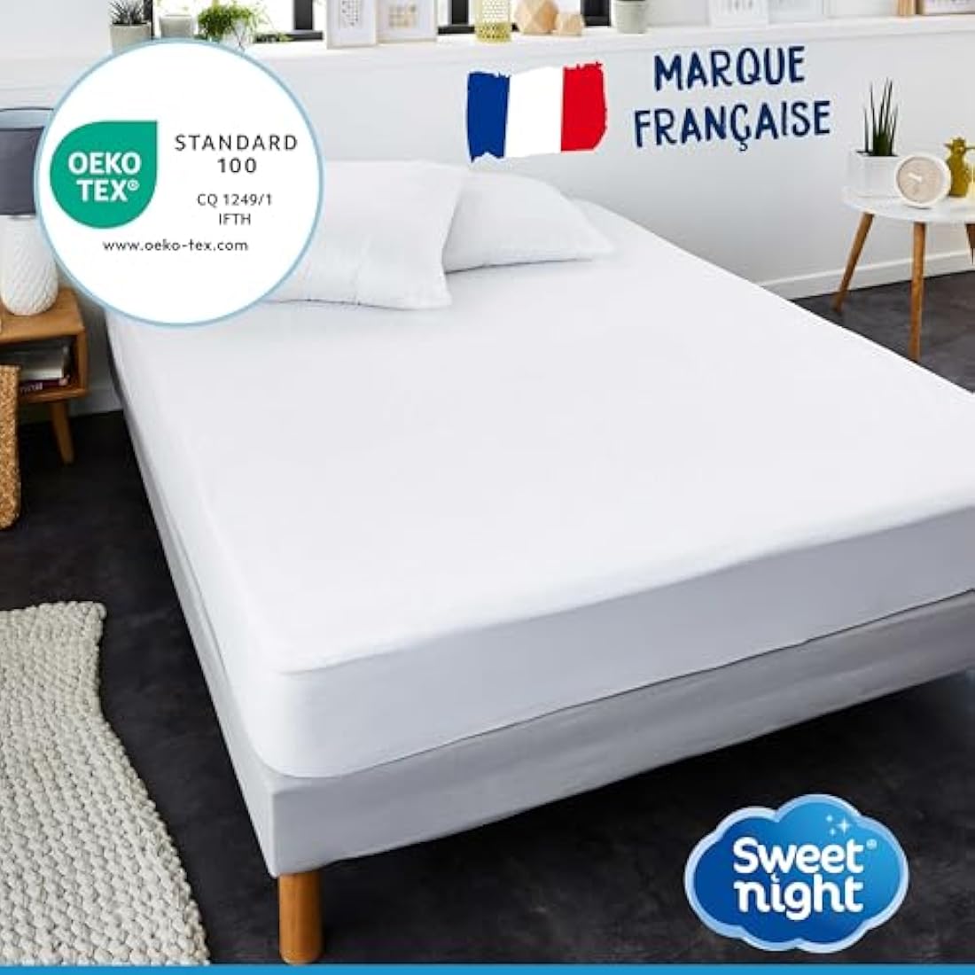 SWEET NIGHT Waterproof Mattress Protector, Cotton, white, 180x200 cm