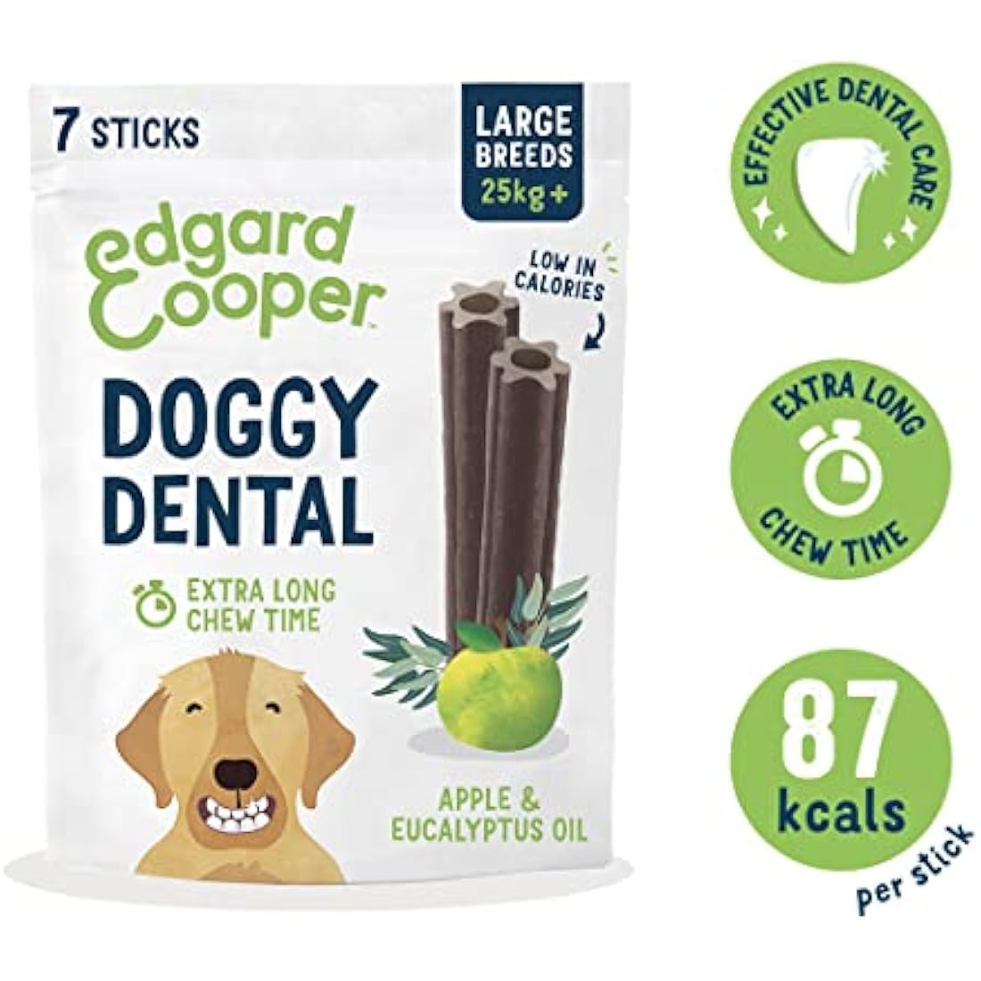 Edgard Cooper Treats Dental Stick, Large - Eucalyptus & Apple - (8 x 7 stick pack), Natural Dog Chew Sticks, Dental Hygiene, One per Day, Low Calorie, Long Chewing, Fresh Breath