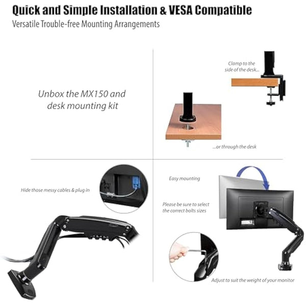 Invision PC Monitor Arm Ergonomic Height Adjustable Gas Assisted Full Motion | Single Arm Desktop Clamp Mount for 17–27” Screens with Tilt Swivel Extend | VESA 75mm/100mm Weight 2kg-6.5kg (MX150)