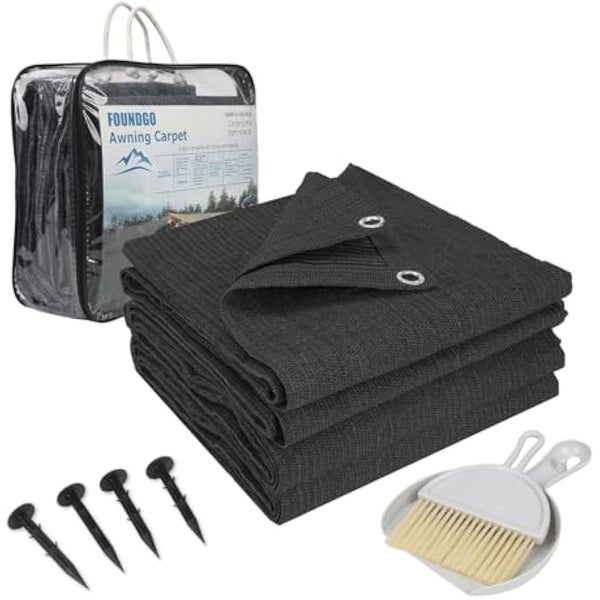 FoundGo Awning Carpet with Eyelets, 280g/m² HDPE Camping Carpet，Outdoor Awning Floor with Carrying Bag，Ground Nails and Small Broom