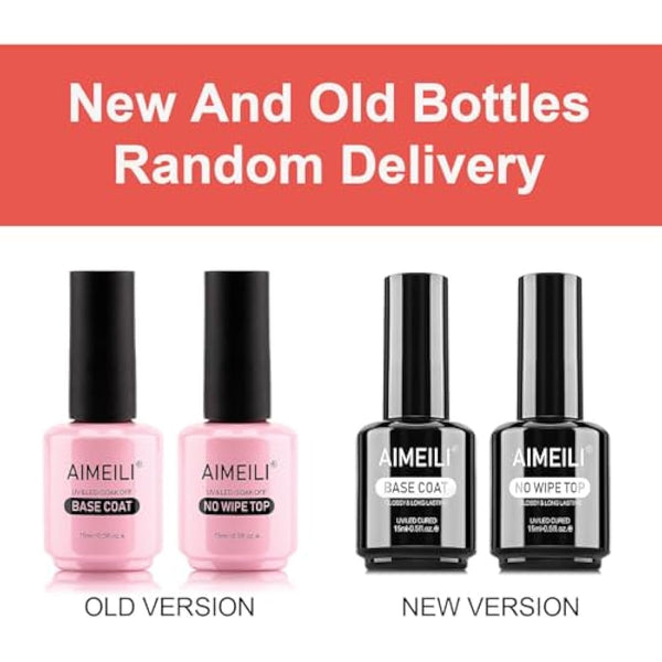 AIMEILI Base and Top Coat Gel Nail Polish Set, Shine Finish and Long Lasting, UV LED Soak Off Gel Nail Lacquer Gel Nail Polish Varnish - 2 x 15ml