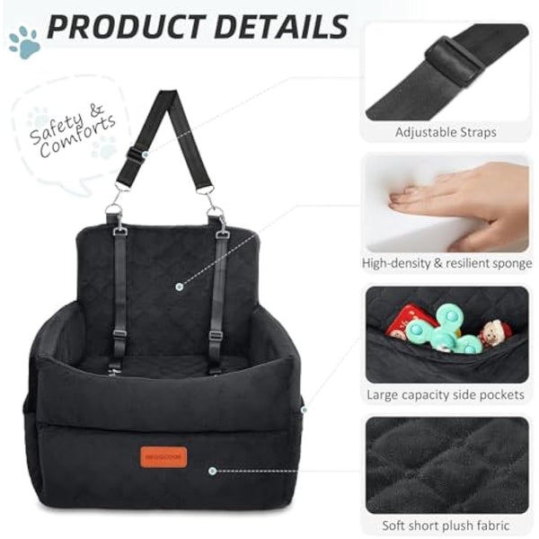 HEGGCOOE Small Dog Car Seat, Memory Foam Dog Booster Seats with Thick Cushion for Medium Dogs Under 35lbs, Detachable Washable Pet Car Seat with Storage Pockets,2 Safety Belts