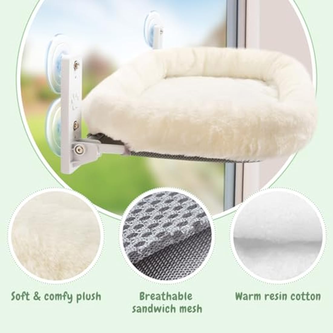 GUUSII HOME Cat Window Bed Hammock Cordless Perch Window Sill Seat for Indoor Cats Kitty Shelves with Sturdy Suction Cups Washable Plush Cushion 53 * 30cm Holds Up to 18kg Easy to Install(Beige)