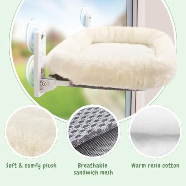 GUUSII HOME Cat Window Bed Hammock Cordless Perch Window Sill Seat for Indoor Cats Kitty Shelves with Sturdy Suction Cups Washable Plush Cushion 53 * 30cm Holds Up to 18kg Easy to Install(Beige)