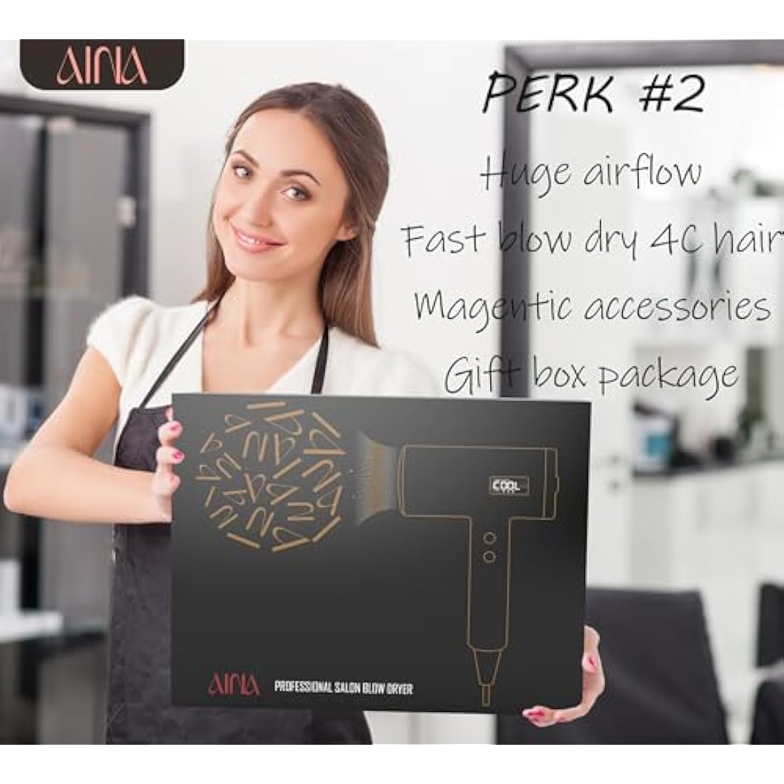 AINA Professional Salon Hair Dryer,2300W Blow Dryer with Diffuser Brush Comb for Women-BLDC Hair Dryer-Brushless Motor 150,000 RPM,Ionic,LED Display,4 Magnetic Attachments (Black)