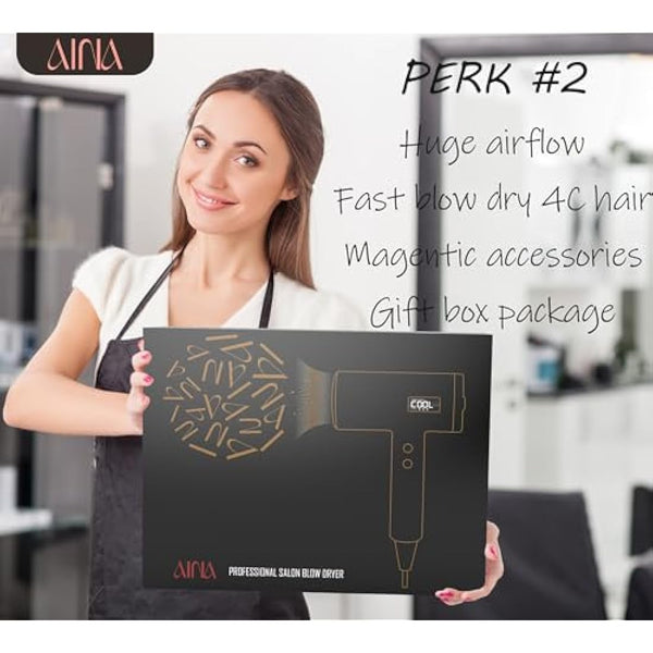 AINA Professional Salon Hair Dryer,2300W Blow Dryer with Diffuser Brush Comb for Women-BLDC Hair Dryer-Brushless Motor 150,000 RPM,Ionic,LED Display,4 Magnetic Attachments (Black)