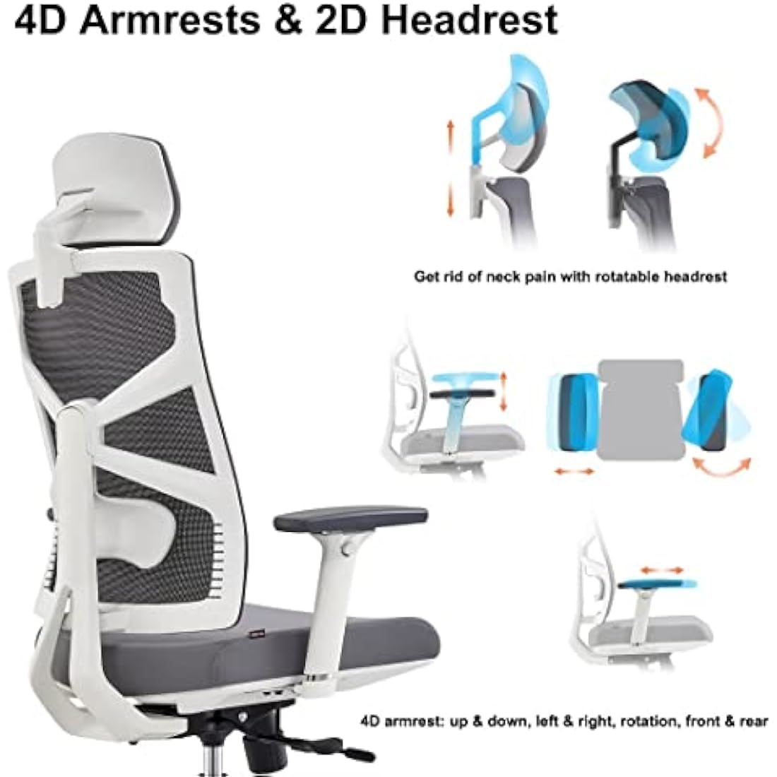 HOLLUDLE Ergonomic Office Chair with Adaptive Backrest, High Back Computer Desk Chair with 4D Armrests, Adjustable Seat Depth, Lumbar Support and 2D Headrest, Swivel Task Chair, White