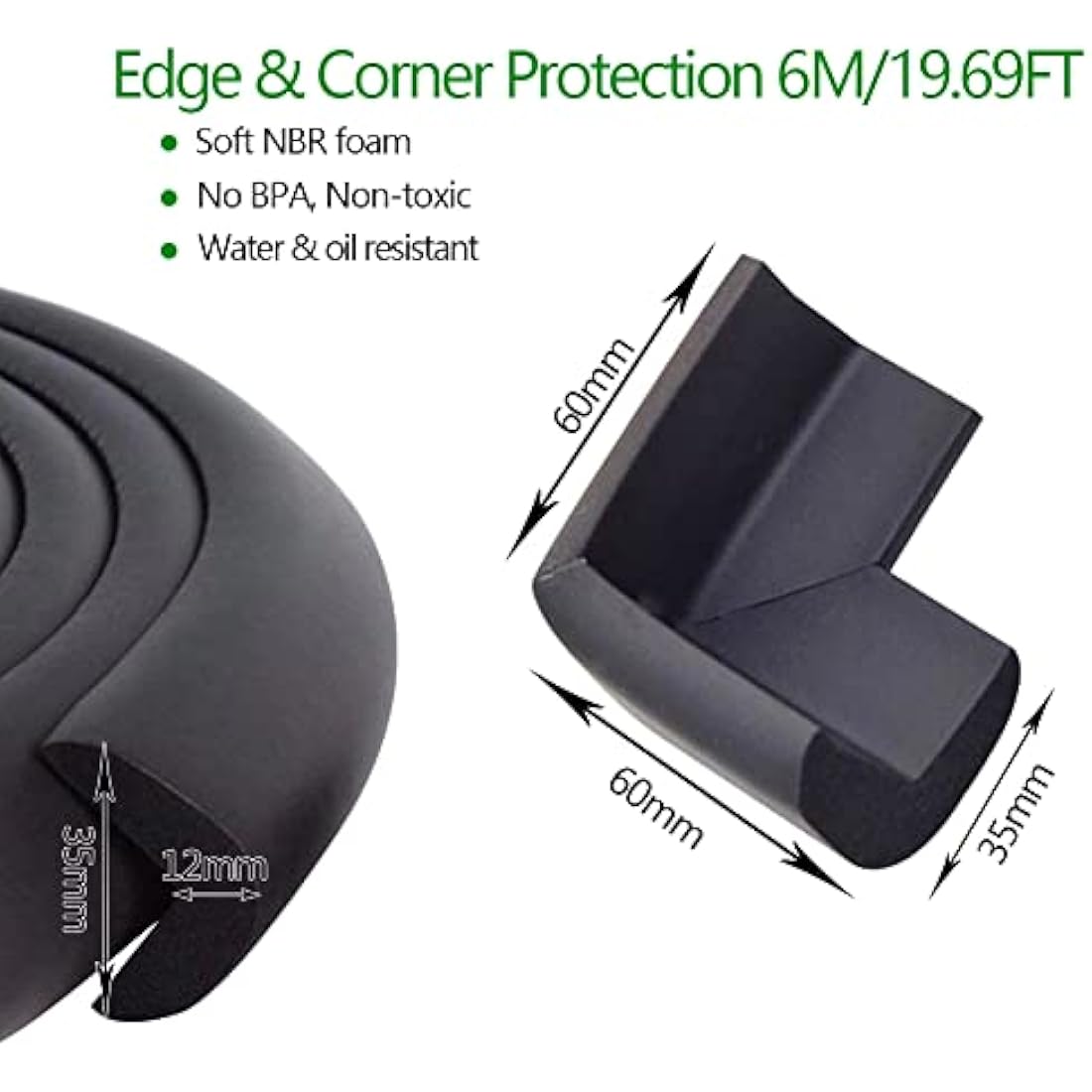 Fairy Baby Safety Baby Edge & Corner Guards Colorful Childproofing Protection(19.7ft Edge Guard+8 Corner Guards) (Black-6M)