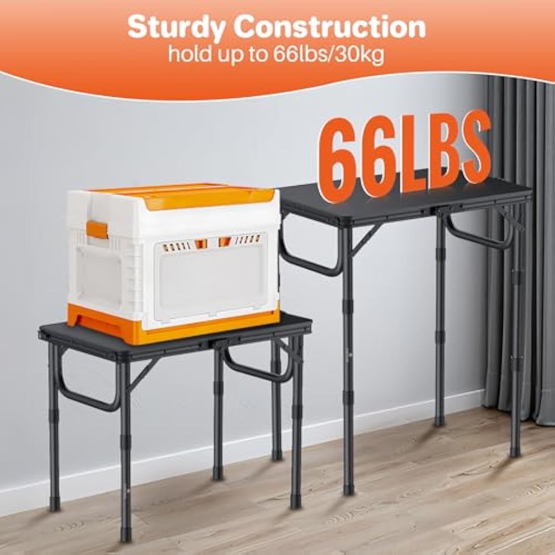 FUNYKICH 2ft Small Folding Camping Table, 3 Height Adjustable Portable Picnic Table, Lightweight Aluminum Outdoor Tables with Carry Handle for Camping, Picnic, BBQ, 58x40cm(L22.8 xW15.7), Black