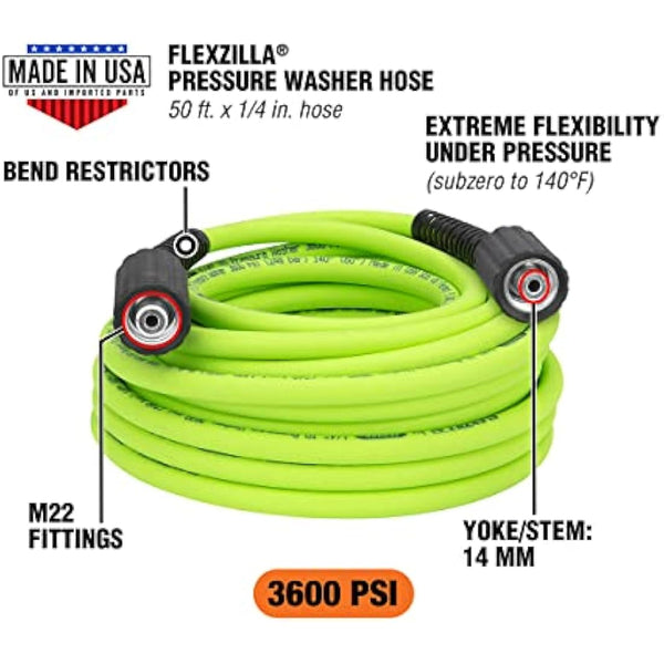 Flexzilla HFZPW36450M-E 3600 PSI, 1/4 in. x 50' Pressure Washer Hose, ZillaGreen