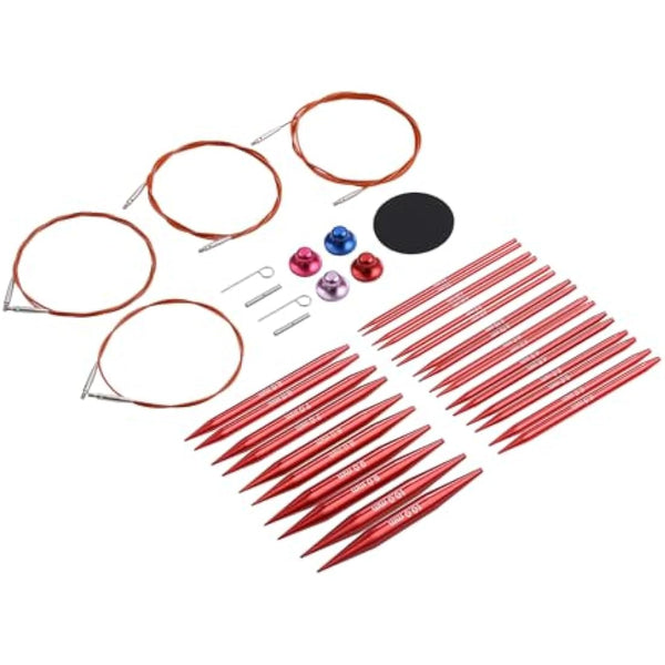 Interchangeable Circular Knitting Needles Set Sizes US 2.5, 3, 4, 5, 6, 7, 8, 9, 10, 10.5, 11, 13, 15 with Cables, Accessories and Case (Rose Red)