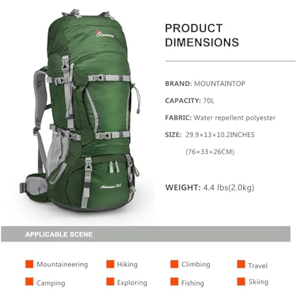 MOUNTAINTOP 70L Hiking Backpack water-resistant Internal Frame Backpacks Large Trekking Mountaineering Rucksack with Rain Cover for Men Women Cover Outdoor