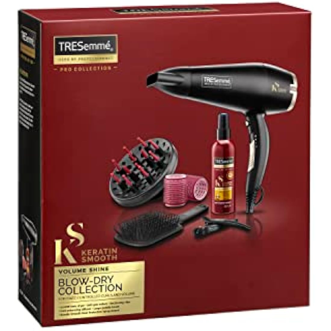 TRESemme Keratin Smooth Volume Shine Hair Dryer & Diffuser Gift Set - 2200W Powerful Blow Dryer, Heat Protection, Paddle Brush, Accessories, Black, 5543BU