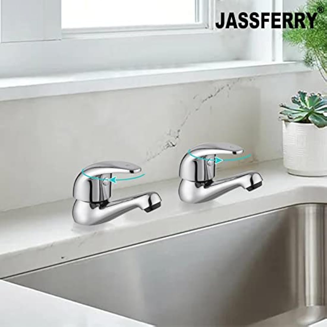 JASSFERRY Chrome Pair of Basin Taps Hot and Cold Water Bathroom Sink Tap Top Lever Handle 1/2" Faucets, Set of 2