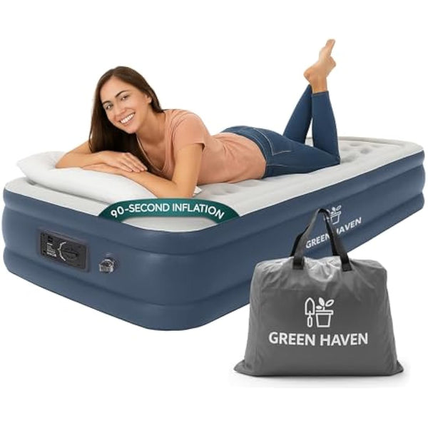 Green Haven Raised Single Air Bed with Built-in Electric Pump – Self-Inflating Blow-Up Mattress with Storage Bag – Waterproof & Durable Camping Air Mattress for Indoor & Outdoor Use